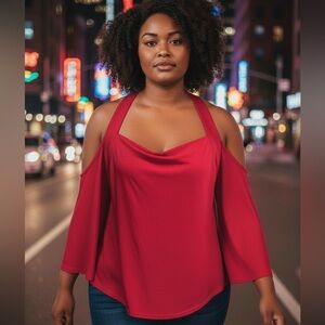 JOSEPH RIBKOFF Red Off The Shoulder Halter Style Holiday Drape Neck Top Sz 16